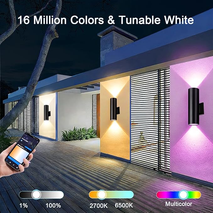 Modern Up and Down Lights Outdoor Wall Sconce, APP Control Color Changing RGB+CCT Outdoor Wall Light for House and Garage, Exterior Light Fixture Cylinder Wall Mount with Smart Bulb (2 Pack)