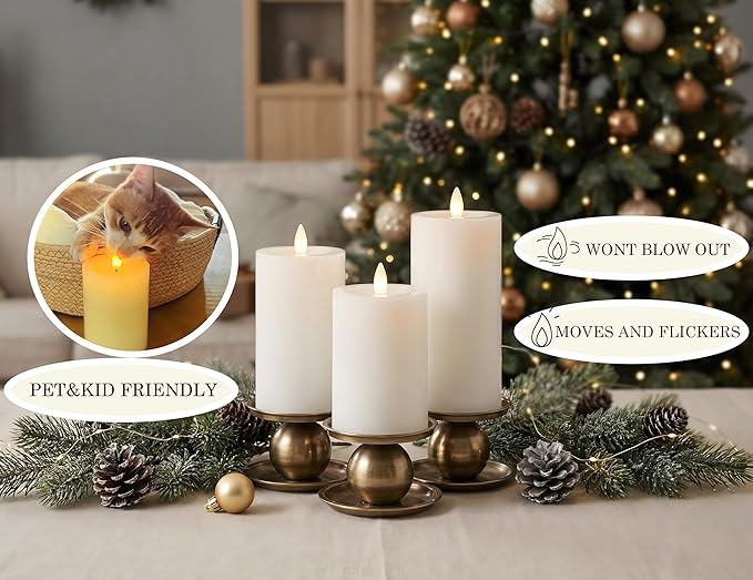 Flameless Pillar Candles Flickering with Remote Timer, Battery Operated LED Candles Up to 400 Hours, 3D Moving Flame Real Wax Candles. (White)