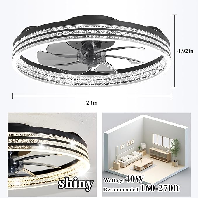Smart Ceiling Fans with Lights Remote - WiFi Alexa 20'' Flush Mount Low Profile Modern Ceiling Fans for Bedroom -Stepless Color Temperature and 6 Speeds - Crystal Stripe