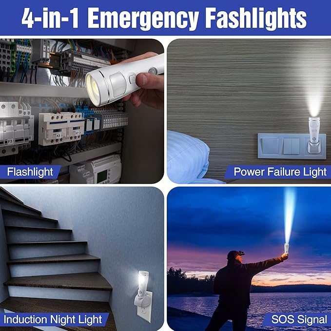 Enhon 9 Pack 4 in 1 LED Emergency Lights for Home Power Failure, Rechargeable Plug in Flashlight Motion Sensor Night Light, Automatic Turn On Power Outage Light for Home Hurricane Supplies (White)
