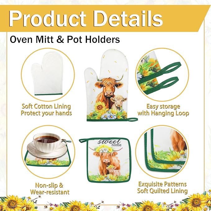 8 PCS Highland Cow Kitchen Decor and Accessories - 4 Dish Towels Set 2 Oven Mitts and Pot Holders Sets for Cooking Baking Home Sweet Home Sunflower Cattle Watercolor Farmhome Housewarming Gift