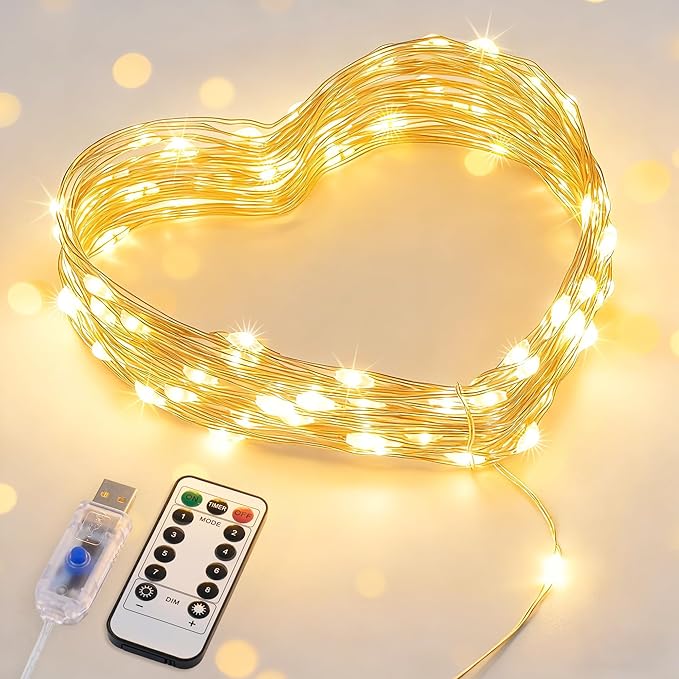 JMEXSUSS USB Fairy Lights for Bedroom, 33ft 100 LED Twinkle Lights Plug in with Remote, Indoor String Light for Dorm Girl's Room Tent DIY Birthday Gift Party Decor, Silver Wire, Warm White,Timer