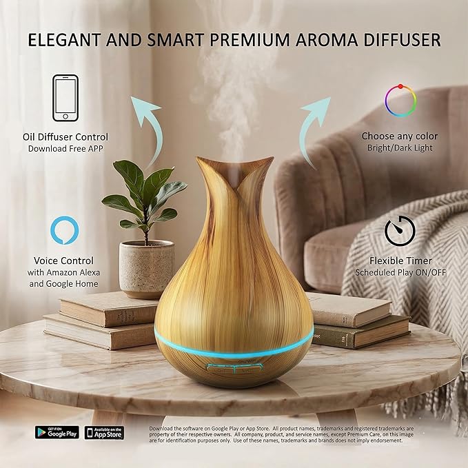 Sierra Modern Home Smart WiFi Humidifier - Aromatherapy Essential Oil Diffusers with App Control & Voice Control - Works with Alexa & Google Home - 400ml Ultrasonic Diffuser & Humidifier - Light Brown