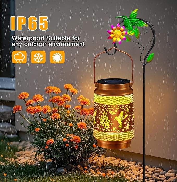 Hummingbird Solar Lanterns Outdoor Waterproof, Hanging Solar Lights Garden Lanterns with Shepherd Hook, Metal Garden Decor for Yard, Patio, Lawn, Landscape, Gifts for Women Mom Christmas