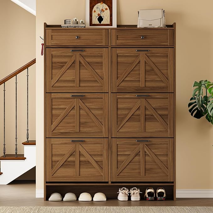 Shoe Cabinet for Entryway, Farmhouse Shoe Storage Cabinet with 6 Flip Drawers and 2 Top Drawers, Tall Narrow Shoe Organizer Cabinet with Adjustable Shelves, Side Hooks and Anti-Tip Kit