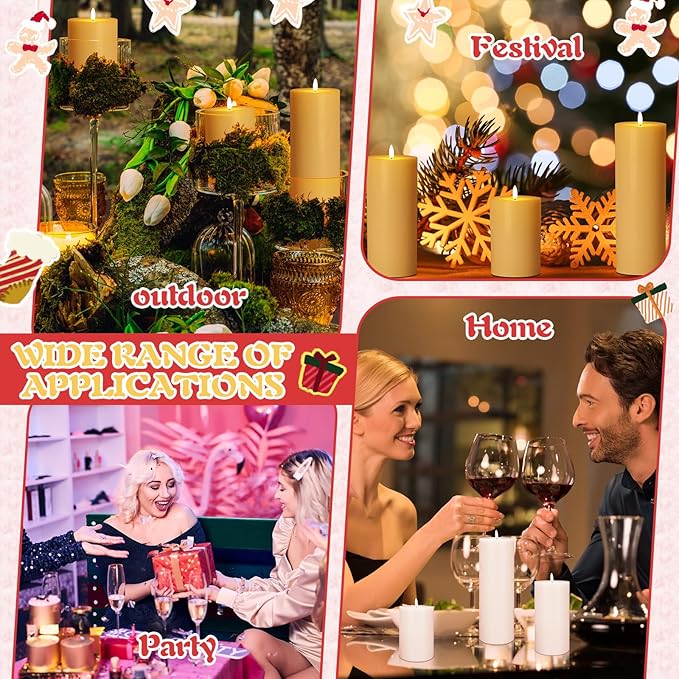 Retisee 3 Pcs White Large Flameless LED Candles with Remote Battery Operated 3D Pillar Flickering Candles for Home Indoor Outdoor Party Wedding Light Decor(6''/8''/12'' x 4'')