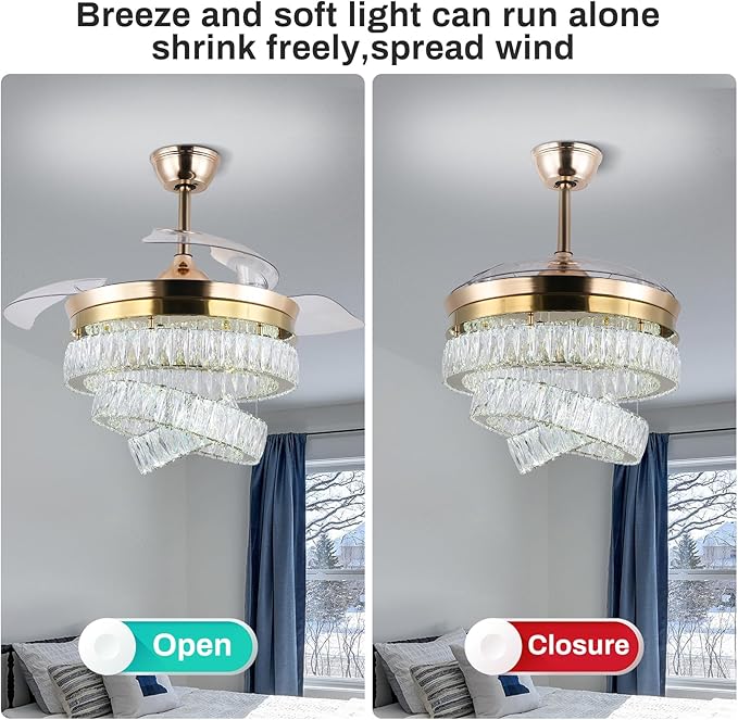 Finktonglan 42'' Dimmable Chandeliers Fan, Crystal Ceiling Fan with Lights with APP & Remote Control, Gold Fandelier Ceiling Fan, 3 Color Change, 6 Speed Reversible Fandeliers, Circulating Air