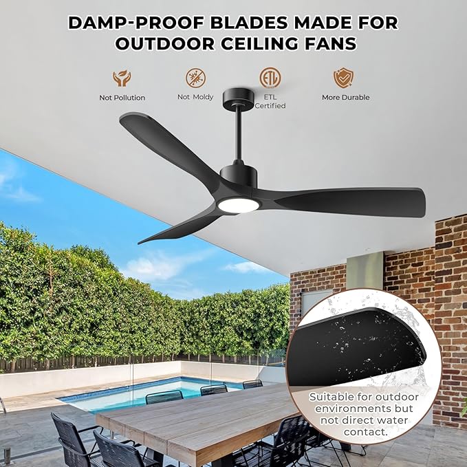 Modern Smart Ceiling Fan with Light and Remote Control, 52 inch Black 3 Blade for Bedroom, Living Room and Patios