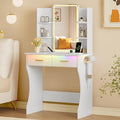 Vanity Desk with LED Lights Mirror & Power Outlet, Small Makeup Vanity Table Set with Storage Drawers, 3 Lighting Modes & Adjustable Brightness, Dressing Table for Women Girls Bedroom, White(NO Stool)
