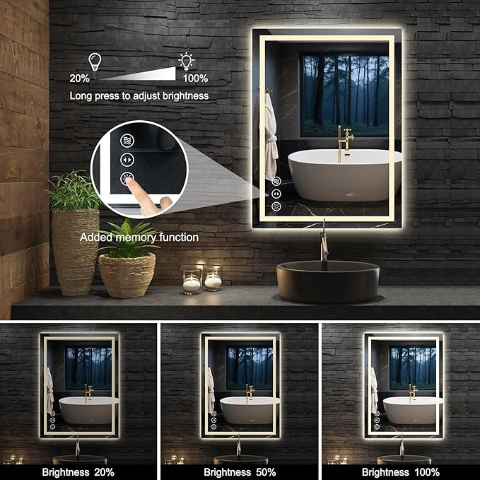 20x28 LED Bathroom Mirror with Lights, Anti Fog Vanity Mirror Wall Mounted, Dimmable Front Light and Backlight, Memory Function Tempered Glass Shatter Proof ETL Listed