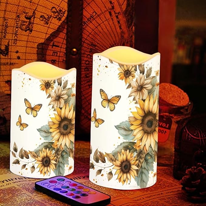 Sunflower Moon Flameless Candles Bulk Timer Battery Operated Candles with Remote Color Changing Electric Pillar Led Candles Room Home Dining Table Decorations Tea Light