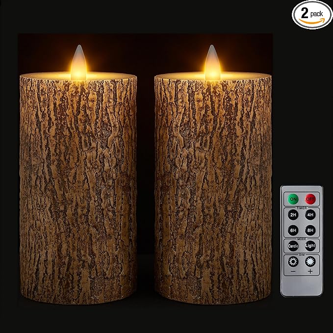Brown Bark Wax Flameless Pillar Candles with Remote Timer, 3D Moving Flame Led Candles up to 400 Hours with 2AA Batteries, Set of 2(3''x6''), Remote Included (Brown).