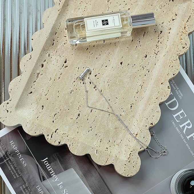 Natural Travertine Vanity Tray - 10.8"x8" Scalloped Marble Tray for Bathroom Kitchen Counter - Catch All Tray for Nightstand and Home Décor