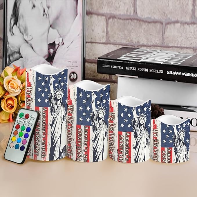 Statue of Liberty Flameless Candle 250th Anniversary Led Lights with Battery Operated Remote Control American Flag Independence Day Candles for Vintage Room Decor, 4 Pack