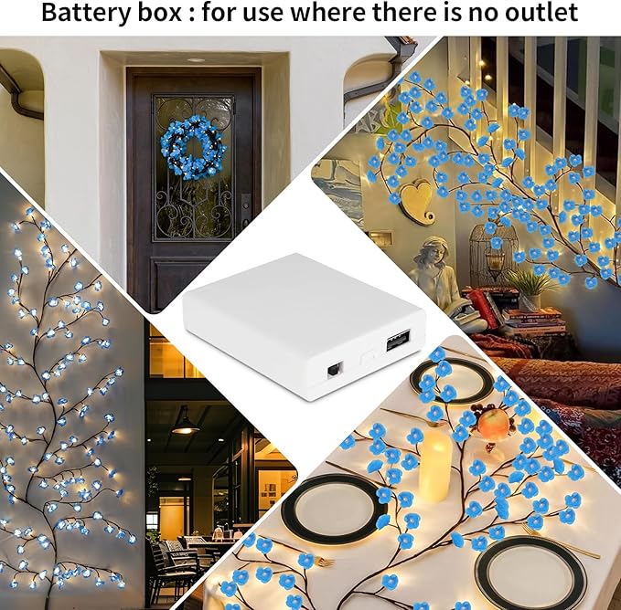 Cherry Enchanted Willow Vine Lights, 4FT 48LED Blue Cherry Blossom Tree Branch Lights for Wall with USB Battery Box,Remote Timer,8 Light Model, Indoor Bedroom Wall Doors Wedding, Christmas