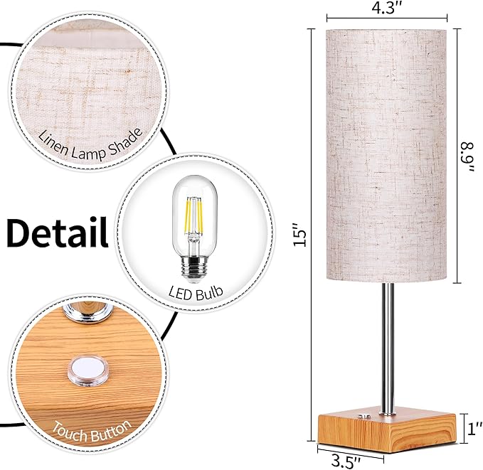 Cordless Table Lamp with Dimmable, Rechargeable 3 Modes Battery Powered Bedside Lamp, rv Essentials Battery Operated Lamps, Touch Lamp for Bedroom, Living Room, Reading Room,15 Inch Beige wood 2PK