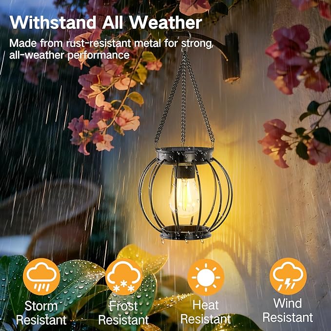 Outdoor Solar Lanterns, Waterproof Metal Hanging Lights with Warm White LED, Auto On/Off, Upgraded Brighter Decorative Lanterns for Garden Patio Yard Porch, Gifts for Women Mom, 4 Pack