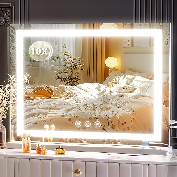 Makeup Vanity Mirror 24" x 19" Large LED Makeup Mirror, Desk Mirorr with Lights, Light up Mirror with 10X Magnification and, Dimmable 3 Modes, Touch Control White