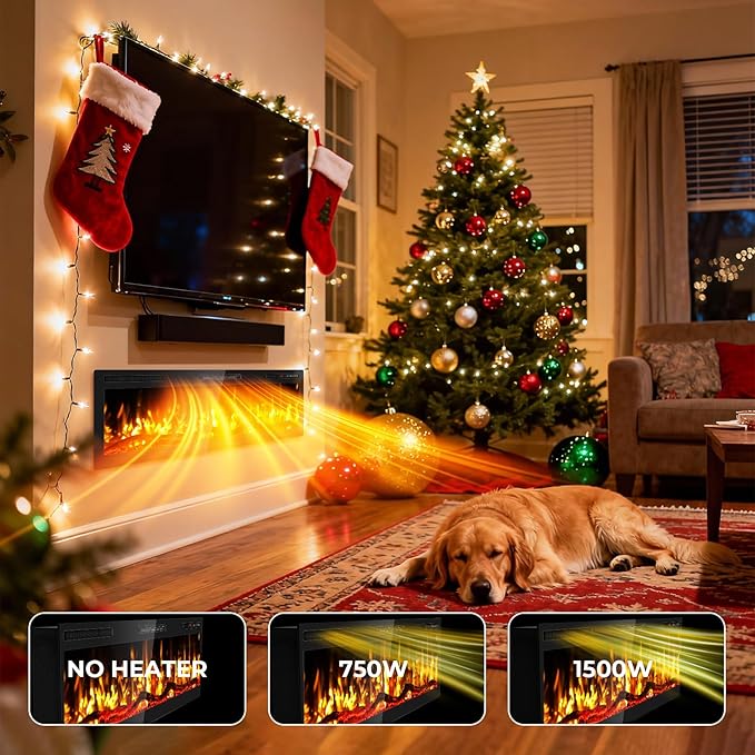 50" Smart WiFi Electric Fireplace with Sound Crackling Narrow Bezel Recessed and Wall Mounted Fireplace Heater with App, Remote Control, Log Flame Option, 750/1500W