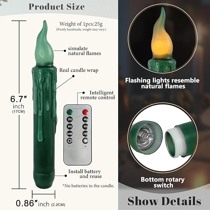 Christmas Red Green Flameless Short Taper Candles, Real Wax Hand Dipped LED Battery Operated with Remote, Flickering Flame Lights for Home Décor, 6.7 Inch Primitive Flameless Candles, 2PCS