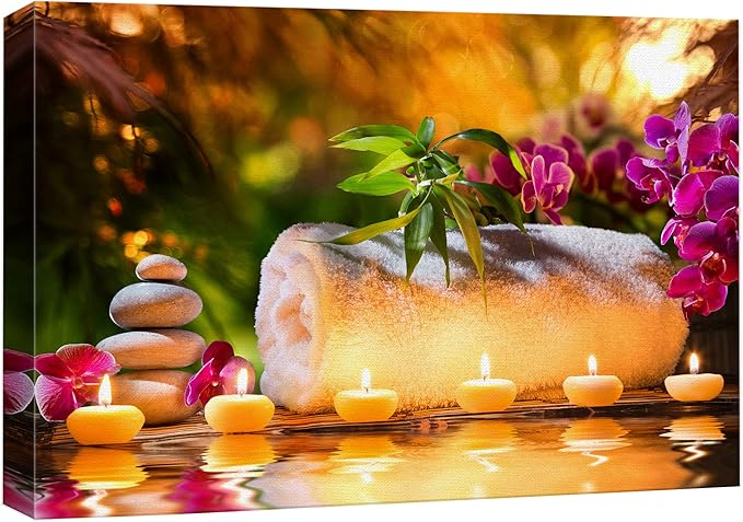 wall26 Canvas Print Wall Art Sunset Yoga Meditation Bath Towel Candle Orchids Nature Wilderness Photography Realism Rustic Landscape Colorful Multicolor for Living Room, Bedroom, Office - 24"x36"
