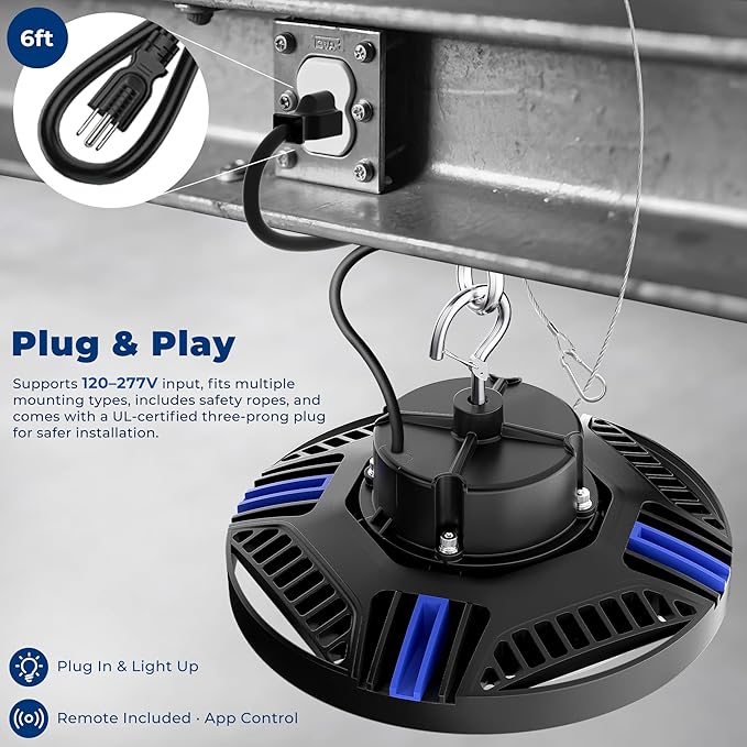 CINOTON Smart UFO LED High Bay Light 150W 21000lm, 2700K-6500K 1-100% Brightness Stepless Dimm Aluminum Shop Lights, ETL Listed Lighting for Garage Factory, APP/Alexa/Remote Control, 120-277V, 1 Pack