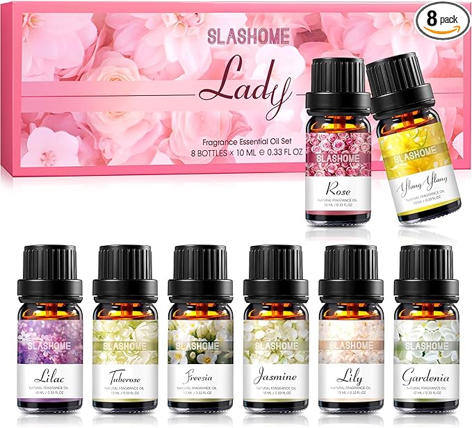 SLASHOME Floral Essential Oils Set - 8×10ml, Essential Oils for Home Diffusers, Candle Making & Soap Scents, Spa Gift Box with Rose, Jasmine, Gardenia & More,Ideal Gift Box