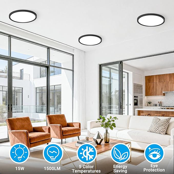 4 Pack LED Flush Mount Ceiling Light,7Inch 15W,3000K/3500K/4000K/5000K/6500K 5 Color Temperatures Ceiling Light Fixture for Kitchen Porch Hallway Bedroom Bathroom and Closet,Black