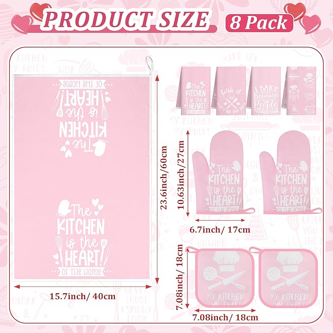 8 Pcs Pink Kitchen Decor Set 4 Pink Kitchen Dish Towels 2 Oven Mitt 2 Pot Holders for Kitchens Cooking Baking Spring Valentine's Day Decoration Farmhouse Housewarming Accessories Mom Gifts