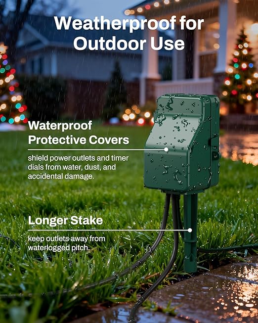 BN-LINK Outdoor Power Stake Timer Waterproof, 24-Hour Mechanical Timer with 6 Grounded Outlets, 6FT Extension Cord for Halloween/Christmas Decor Lights, ETL Listed