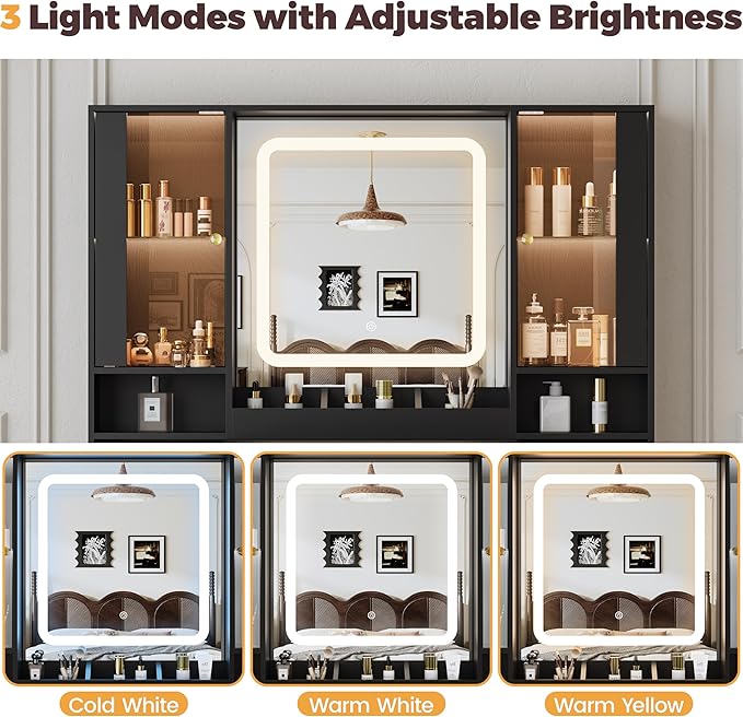 Vanity Desk with Mirror and Lights, Makeup Vanity with 7 Drawers, 2 Glass Door Cabinets, Charging Station, Adjustable Shelves, RGB Lighting, Hair Dryer Holder
