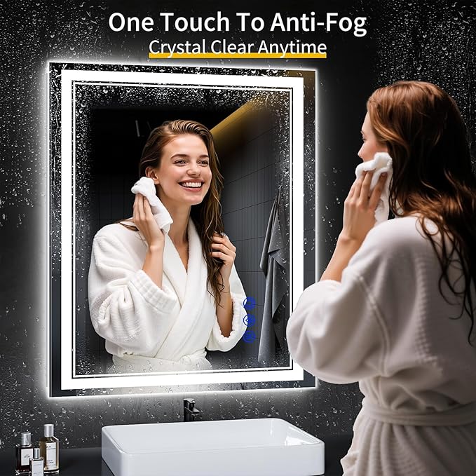 36"x30" LED Bathroom Mirror with Anti-Fog, Stepless Dimmable Lights, 3 Color Modes, Shatter-Proof Tempered Glass,Waterproof Design