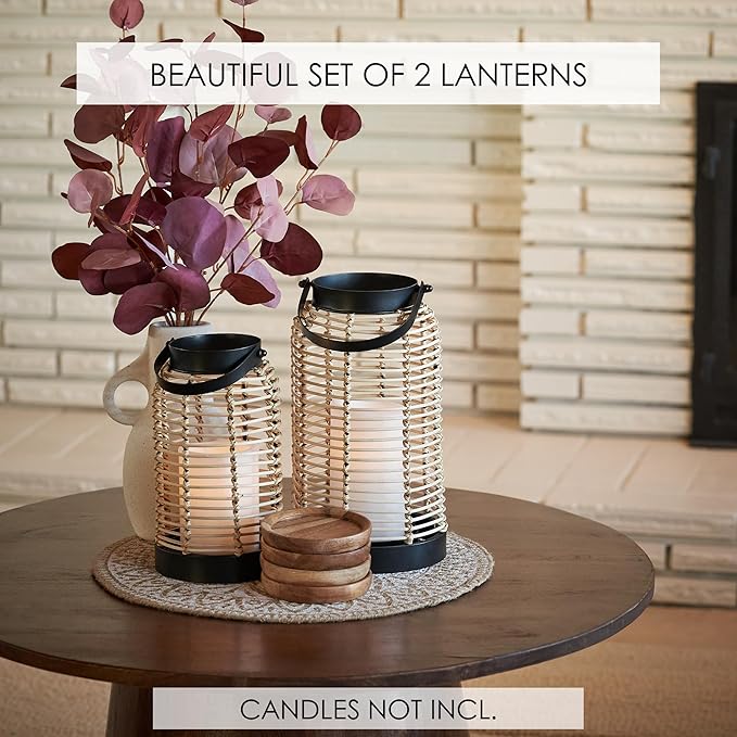 Natural Rattan Boho Lanterns - Handcrafted Chic Decor to Enhance Your Home - Modern Farmhouse Beauty Perfect for Any Living Room, Patio & Porch, Indoor and Outdoor Coffee Table or Kitchen Dining Table