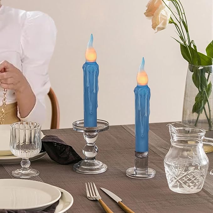 Dark Blue Flameless Short Taper Candles, Real Wax Hand Dipped LED Battery Operated with Remote, Flickering Flame Lights for Festival Party Home Décor, 6.7 Inch Primitive Flameless Candles, 2PCS