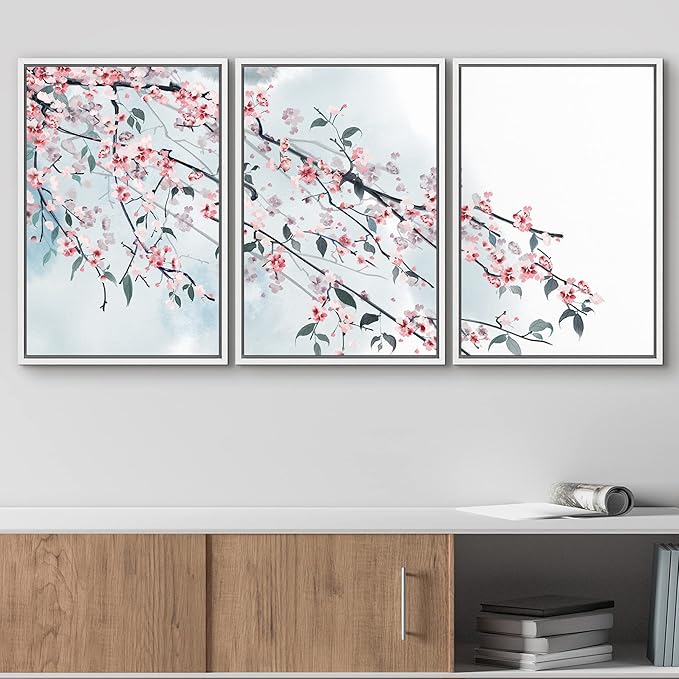 wall26 - 3 Panel Framed Canvas Wall Art - Ink Painting Style Pink Cherry Blossom on The Branch - Giclee Print Gallery Wrap Modern Home Art Ready to Hang - 16"x24"x3 White