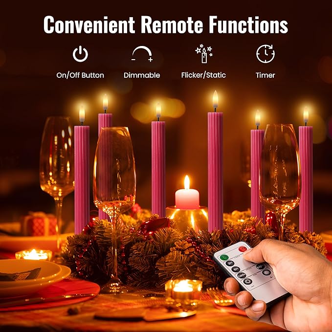 6 Pack, 10" LED Flameless Pink Ribbed Taper Candles w/Remote Controller, On/Off Button, Dimmable, Flicker/Static Mode, Battery Operated, Holiday Christmas Menorah Home Wedding Decor