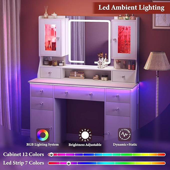 Vanity Desk with LED Mirror & RGB Lights, Large Makeup Vanity with 7 Drawers & 2 RGB Cabinets, White Vanity Table with Power Outlet, 3 Colors Lighting Adjustable Brightness for Bedroom, White