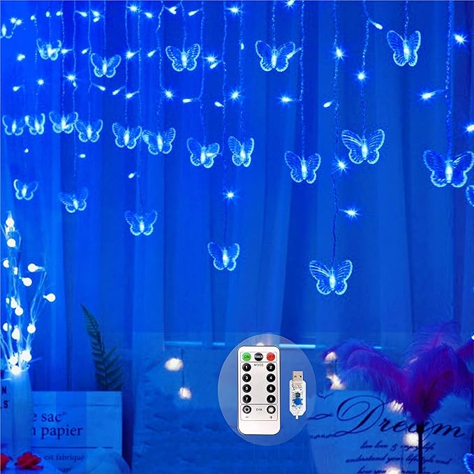 Butterfly Curtain Fairy Lights USB Plug in,8 Modes 120 LED 19.7FT Firefly Twinkle Timer String Lights with Remote, Waterproof Copper Wire for Bedroom Patio Christmas Wedding Party Dorm (Blue)