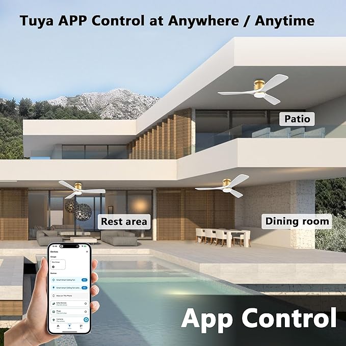 52 Inch Smart Low Profile Ceiling Fans,Solid Wood Outdoor Indoor Ceiling Fan with Lights Remote,WIFI Alexa App Control,Quiet DC Motor,Dimmable LED,Modern Flush Mount Fan for Bedroom Patio,Gold White
