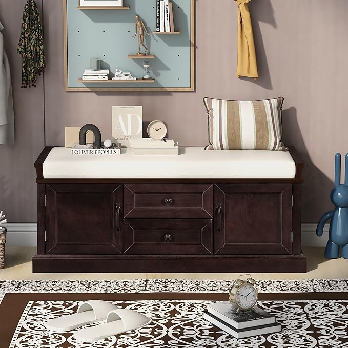 GDFStudio Rustic Storage Bench with 4 Doors 2 Draws Adjustable Shelves Removable Cushion Rectangular Cabinet Foot Rest Stool Solid Wood Shoe Bench Seating for Entryway Living Room, Espresso