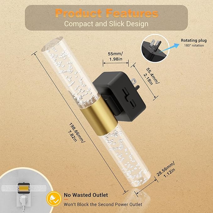 JandCase Night Lights Plug into Wall, 180° Rotating 2 Pack 3000K Soft Light LED NightLights, 0-100LM Adjustable Brightness, Plug in Night Light with Auto Light Sensor,for Bathroom,Hallway,Bedroom