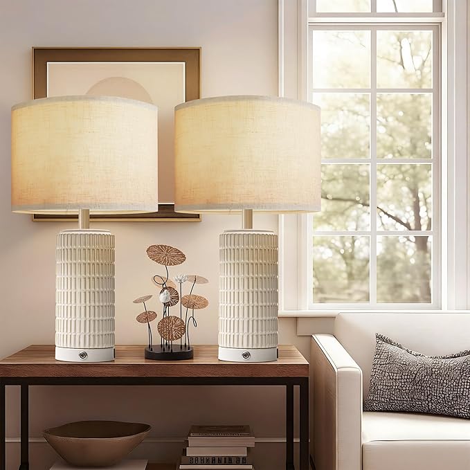 23" Touch Table Lamps Set of 2 with USB-C Ports - Ceramic Bedside Lamp for Bedroom - Modern Farmhouse Dimmable Lamp for Living Room - White and Beige Boho Nightstand Light for Home Decor and Lighting