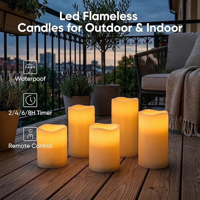 5plots 3" X 4"5" 6" Outdoor Waterproof Candles, Battery Operated Led Ivory White Flameless Candles with 10-Key Remote & Timer for Indoor Home Lantern Holiday Decor, Set of 9