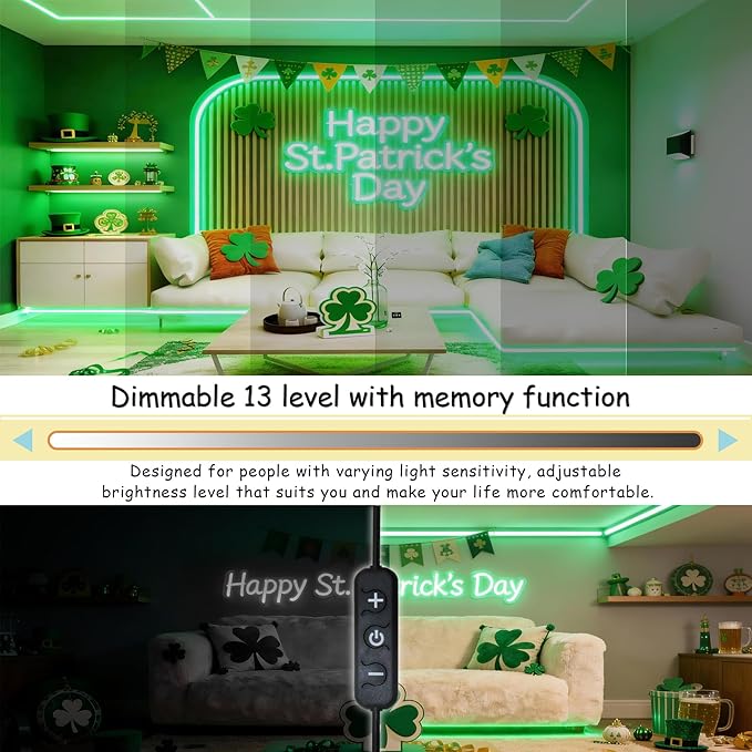 Green Led Lights Strip ST. Patrick's Day Decorations Indoor Rope Lights Easy DIY Cuttable Strip Lights for Room Bathroom Living Room Kitchen Ceiling Wall Vanity Mirror Decor