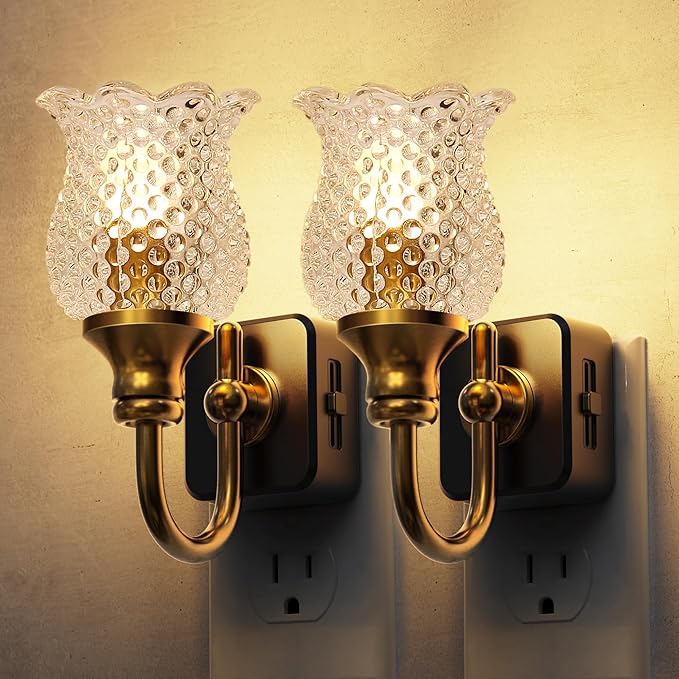 L LOHAS LED Night Lights Plug into Wall, 2 Pack 3000K Soft White LED Floral Night Lights with Auto Sensor, 0-100lm Adjustable Brightness, for Hallway Bedroom Stairway