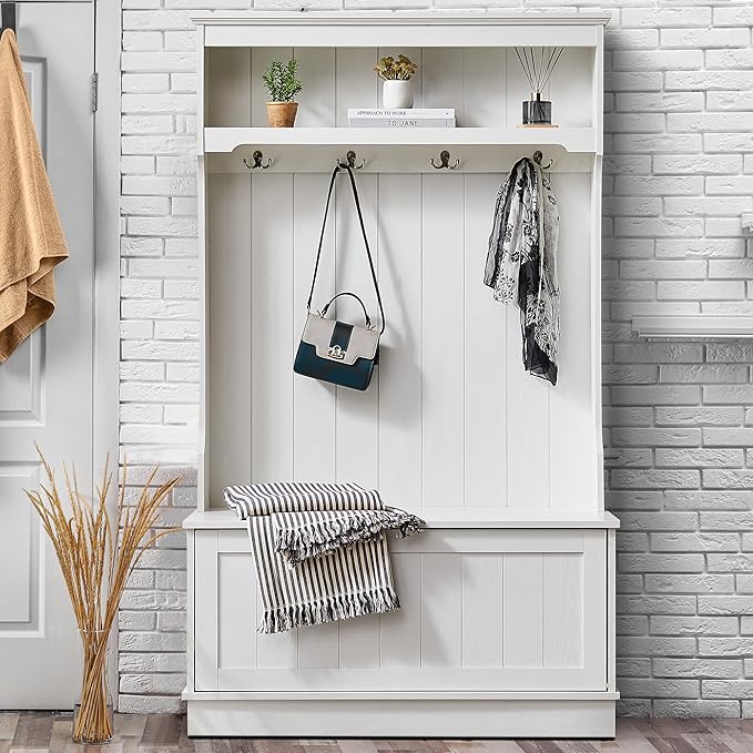 Modern Style 3-In-1 Entryway Hall Tree with Coat Racks and Storage Shelf,Bench and Shoe Cabinet,4 Hooks for Entrance,Hallway,Easy Assembly