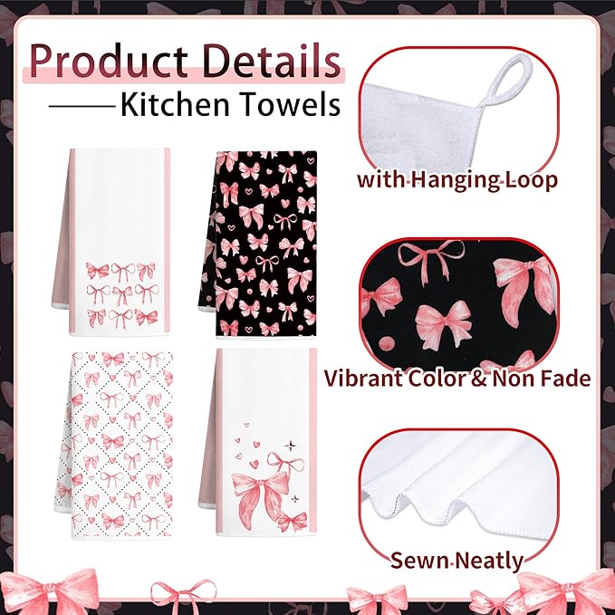 8 Pcs Cute Pink Bow Kitchen Towels and Dishcloths Sets Oven Mitts Pot Holders Set Valentines Day Absorbent Decor Accessories Gloves Potholders Heat Resistant for Chef Baking Cooking Home Gifts