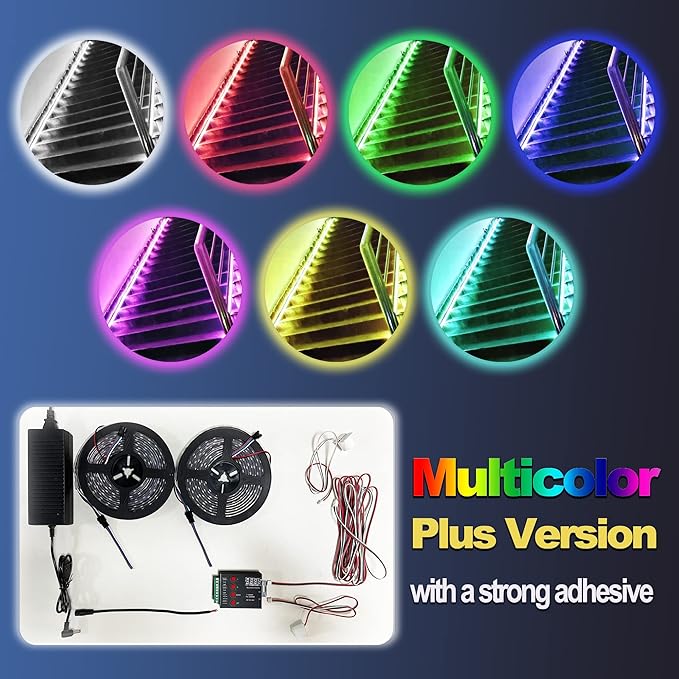 Flowing Water Two-Way Sensor Color Stair Light, Motion Sensor, LED Controller, 12V, 16.4FT Flexible Light Strip, PIR Sensor Stair Light, Indoor, Outdoor(Plus Version)