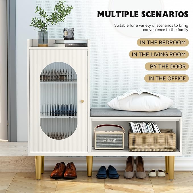 HLR Storage Bench Set of 2, White Modern Entryway Shoe Cabinet Bench with Glass Door&Shelf, L-Shaped Storage Cabinet with Padded Seat for Hallway, Bedroom, Living Room, Office