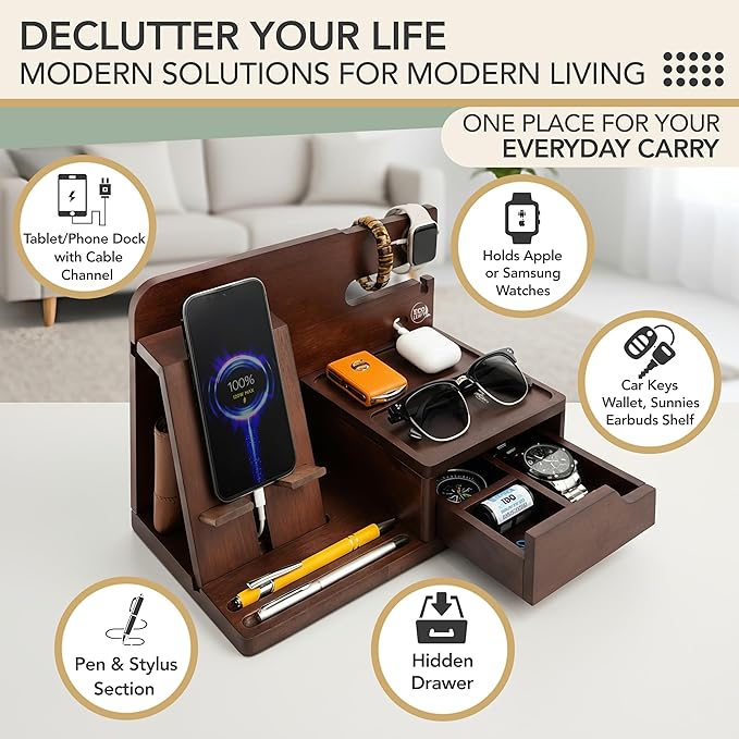 Nightstand Organizer- Bedside Docking Station for Men- Unique Gifts for Husband, Father or Dad from Wife, Son or Daughter- Desk Organizer for Phone, Watches, Wallet & Accessories (Brown)